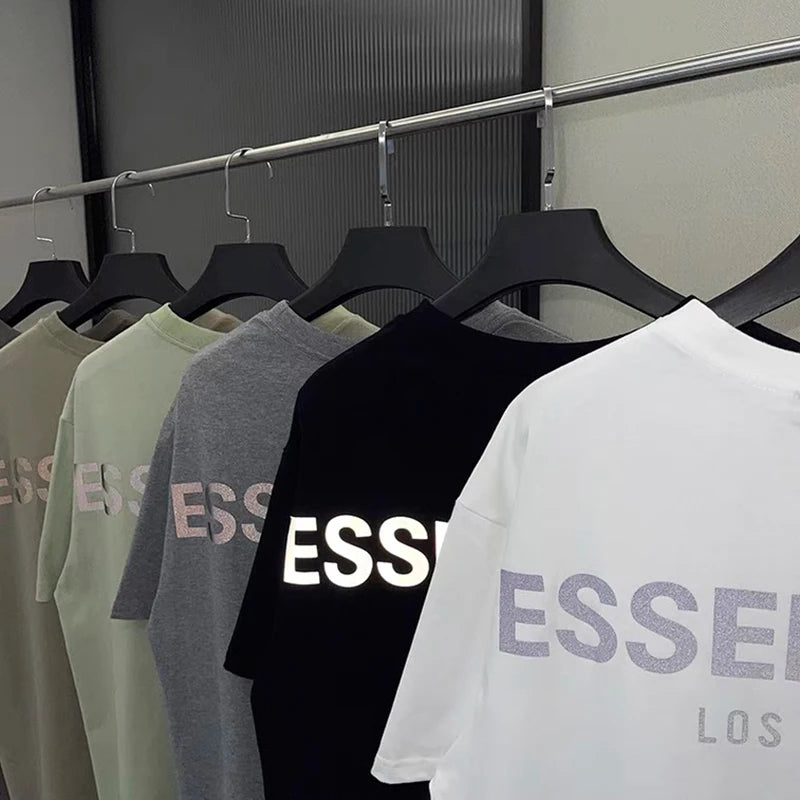 Summer Essentials Men's T shirts Cotton LA Letters Reflective High-Quality Hip Hop Top Tee Oversized Unisex T-Shirts